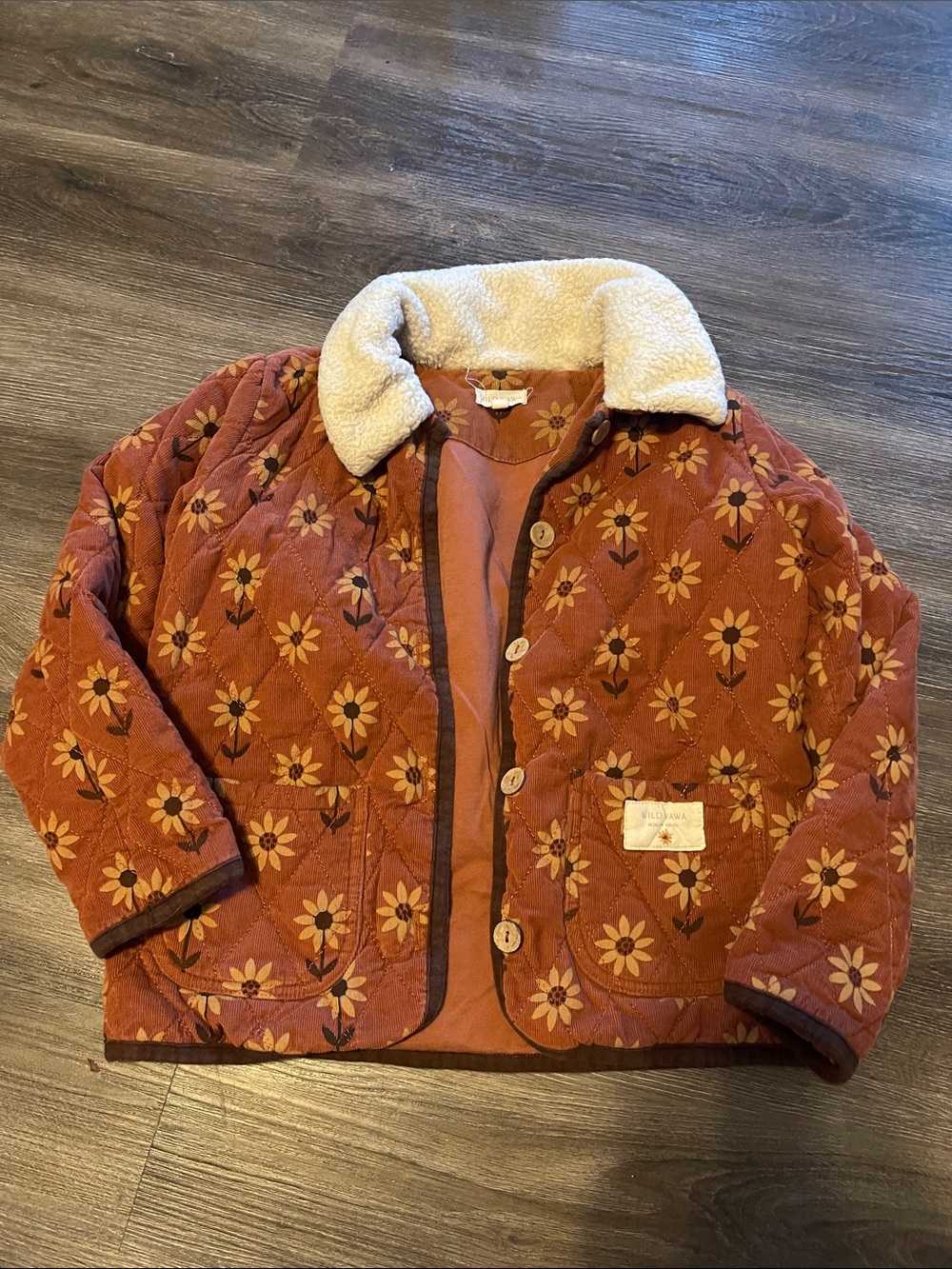 Kids Quilted Floral Puffer Jacket with Sherpa Collar - Rust